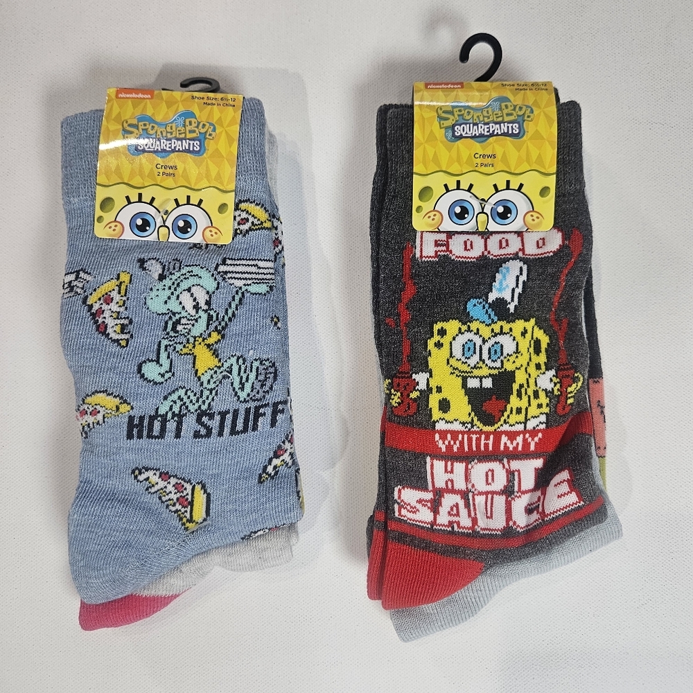 Spongebob Squarepants Lot Of 2 Crew‎ Socks 4 Pairs Multicolor Nickelodeon